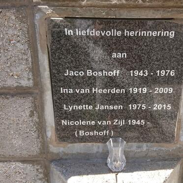 BOSHOFF Jaco 1943-1976 :: HEERDEN Ina, van 1919-2009 :: JANSEN Lynette 1975-2015 :: ZIJL Nicolene, van nee BOSHOFF 1945-