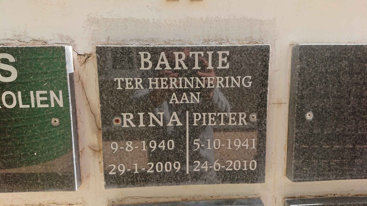 BARTIE Pieter 1941-2010 &amp; Rina 1940-2009