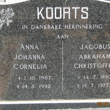 KOORTS Jacobus Abraham Christoffel 1890-1977 &amp; Anna Johanna Cornelia 1907-1992