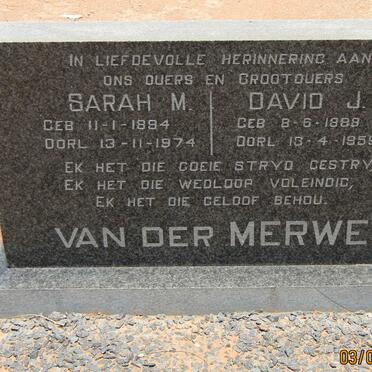 MERWE David J., van der 1888-1959 &amp; Sarah M. 1894-1974