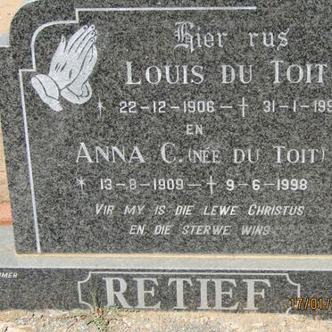 RETIEF Louis Du Toit 1906-1991 &amp; Anna C. DU TOIT 1909-1998