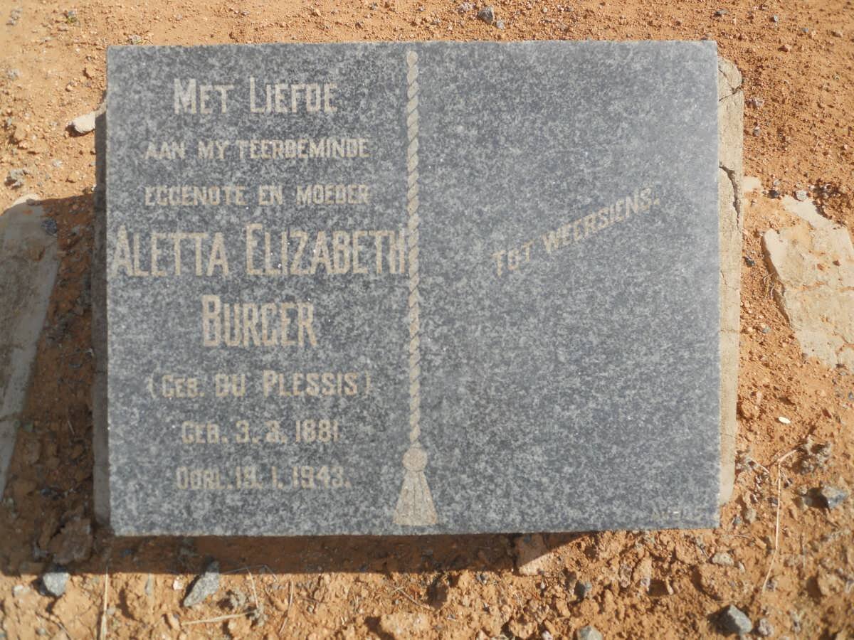 BURGER Aletta Elizabeth nee DU PLESSIS 1881-1943