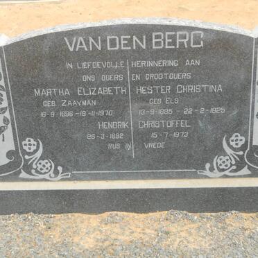BERG Hendrik Christoffel, van den 1892-1973 &amp; Hester Christina ELS 1885-1925