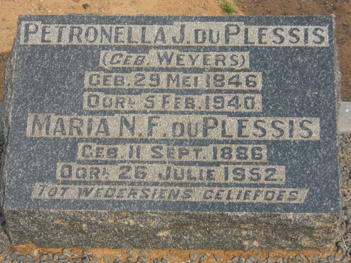 PLESSIS Petronella J., du nee WEYERS 1846-1940 :: DU PLESSIS Maria N. F. 1886-1952