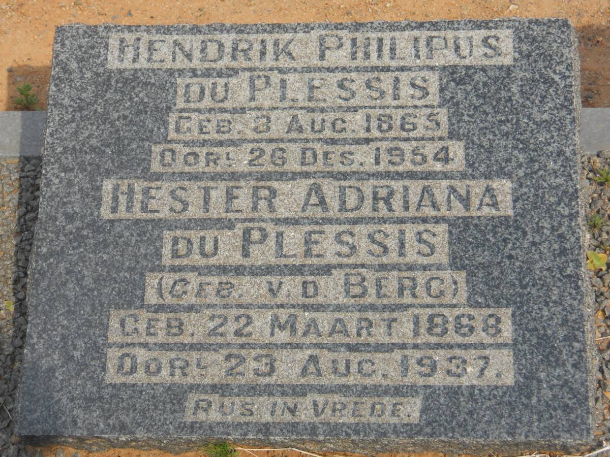 PLESSIS Hendrik Philipus, du 1865-1954 &amp; Hester Adriana V.D. BERG 1868-1937