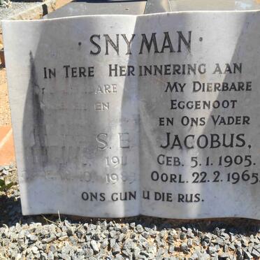 SNYMAN Jacobus 1905-1965 &amp; Judith S.E. 1911-1985
