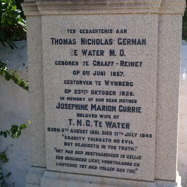 WATER Thomas Nicholas German, TE 1857-1926 &amp; Josephine Marion CURRIE 1861-1940