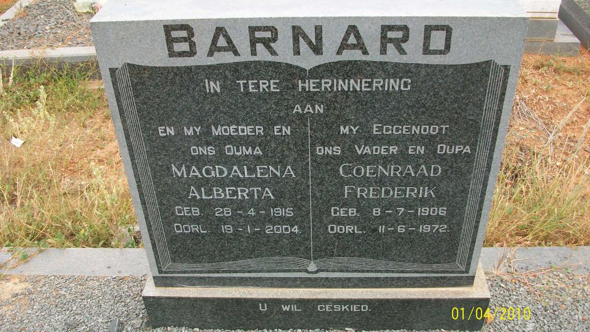 BARNARD Coenraad Frederick 1906-1972 &amp; Magdalena Alberta 1915-2004