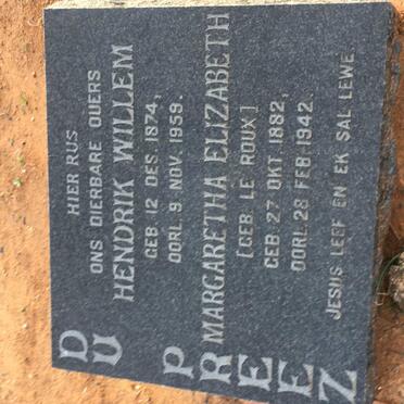 PREEZ Hendrik Willem, du 1874-1959 &amp; Margaretha Elizabeth LE ROUX 1882-1942