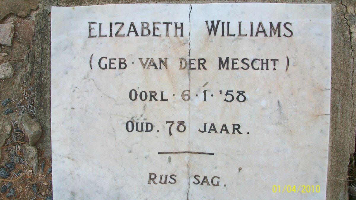 WILLIAMS Elizabeth nee VAN DER MESCHT -1958