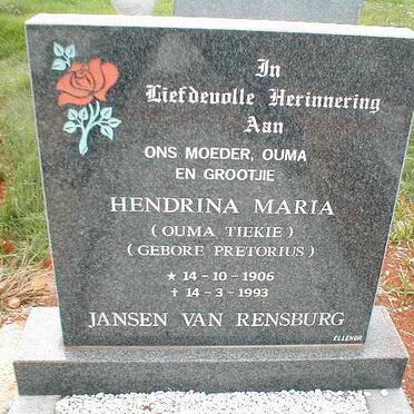 RENSBURG Hendrina Maria, Jansen van nee PRETORIUS 1906-1993