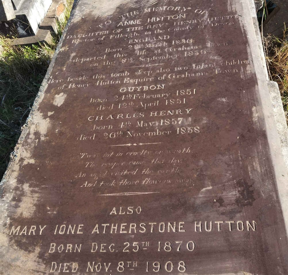 HUTTON Anne 1836-1839 :: HUTTON Guybon 1851-1851 :: HUTTON Charles Henry 1857-1858 :: HUTTON Mary Ione nee ATHERSTONE 1870-1908