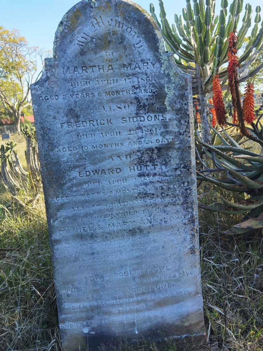 LOWE Martha Mary -1861 :: LOWE Frederick Siddons -1861 :: LOWE Edward Hutt -1873 :: LOWE Edwin Robert -1875 :: LOWE Seymour John -1878 :: LOWE Wm -1879