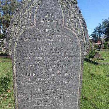 QUEATE William -1920 &amp; Ellen WEIR -1913 :: QUEATE John -1903 :: QUEATE Martha -1873  :: QUEATE Mary Ellen -1873