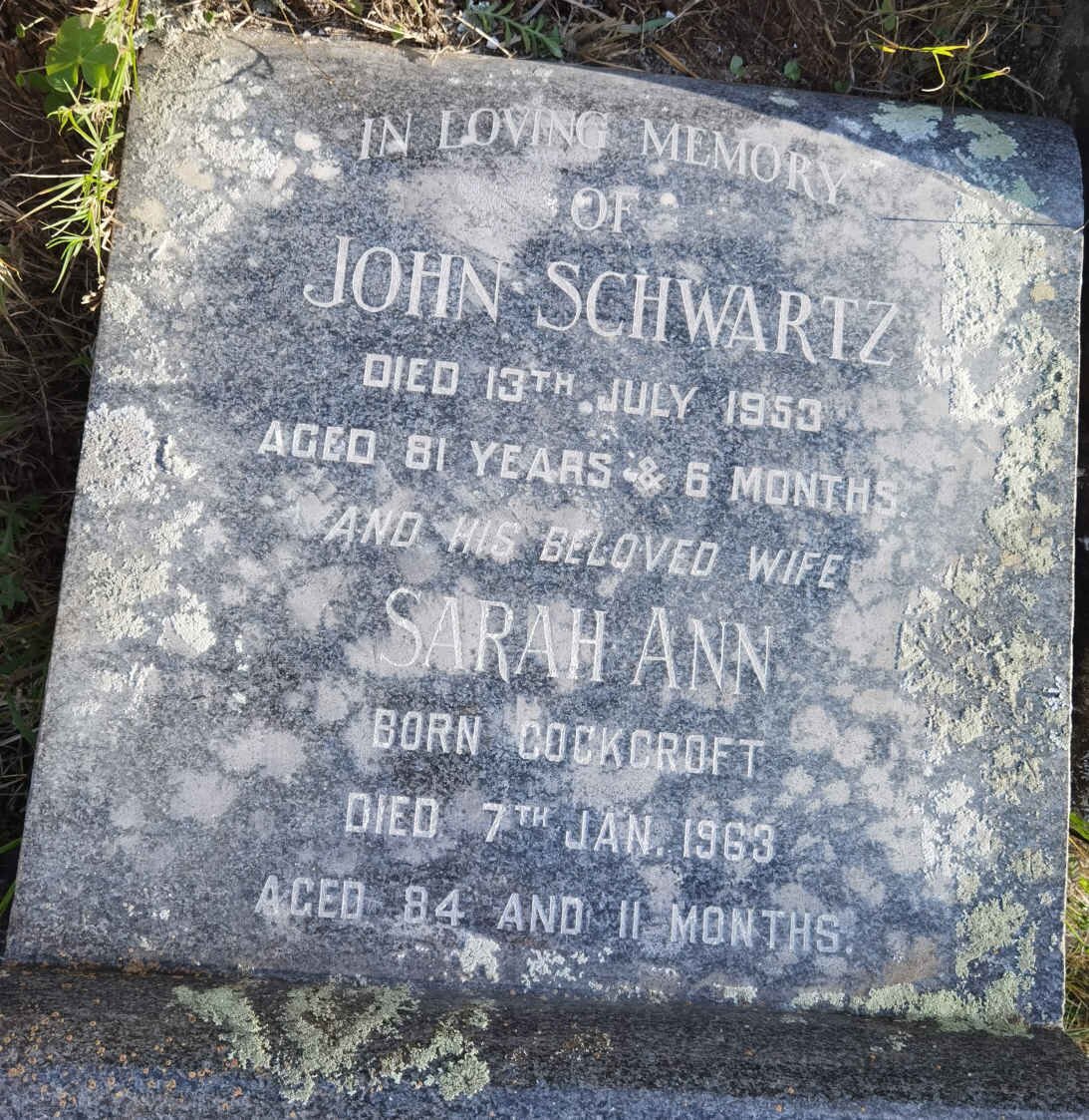 SCHWARTZ John -1953 &amp; Sarah Ann COCKCROFT -1963