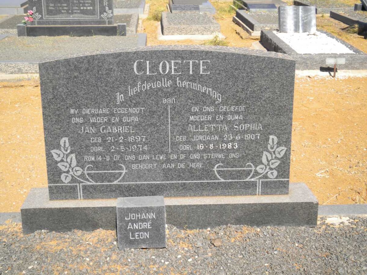 CLOETE Jan Gabriel 1897-1974 &amp; Alletta Sophia JORDAAN 1907-1983