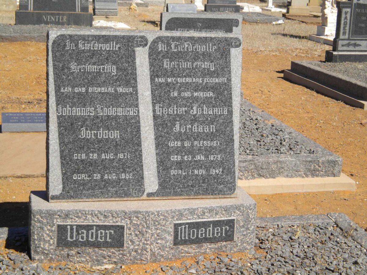 JORDAAN Johannes Lodewicus 1871-1952 &amp; Hester Johanna DU PLESSIS 1879-1947