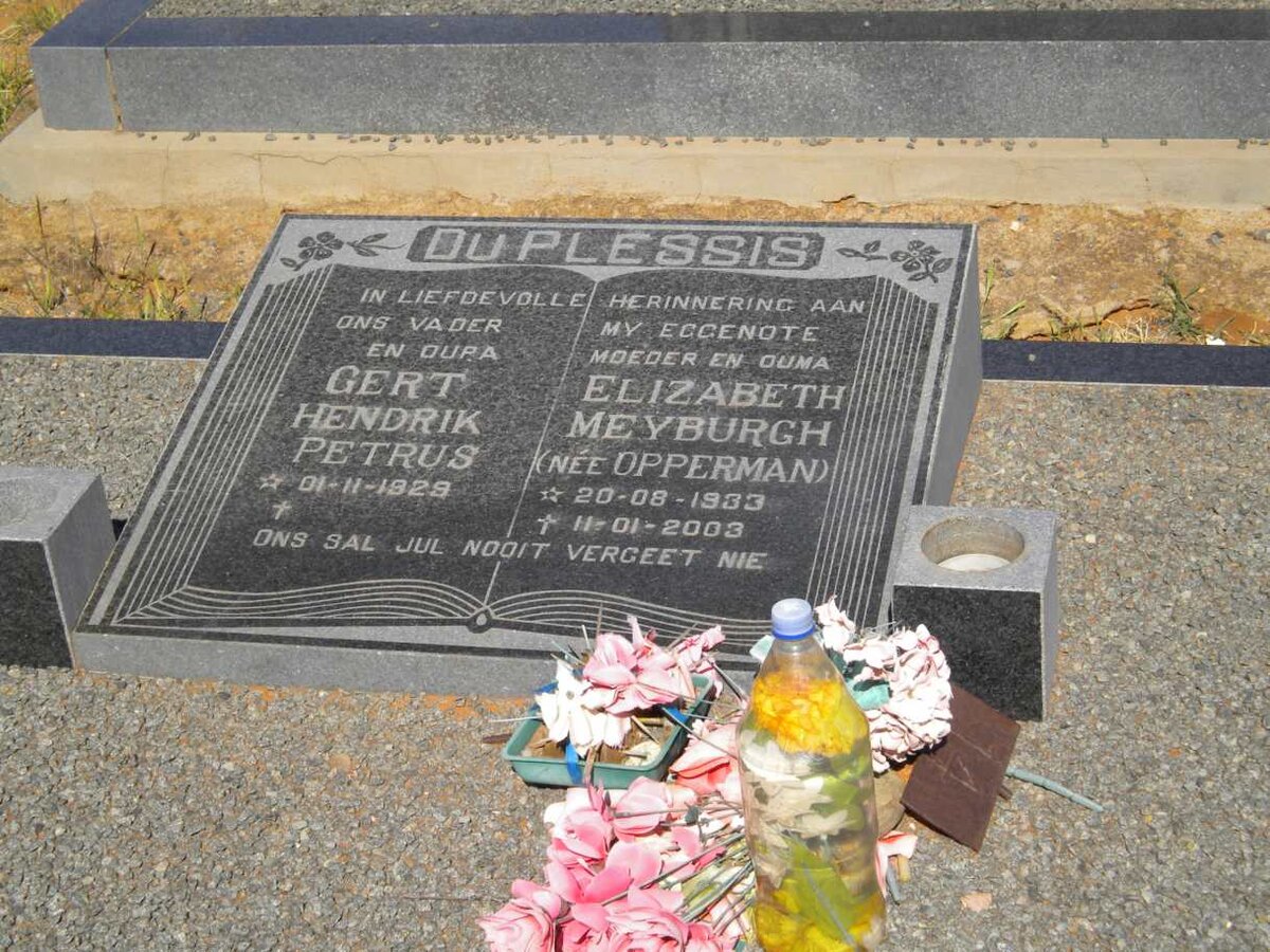PLESSIS Gert Hendrik Petrus, du 1929- &amp; Elizabeth Meyburgh  OPPERMAN 1933-2003