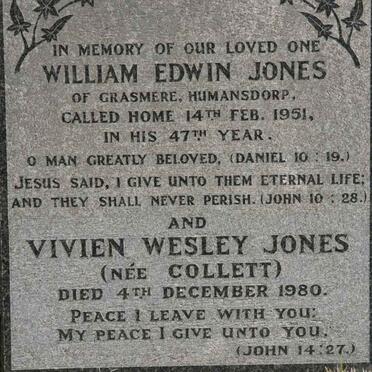 JONES William Edwin -1951 &amp; Vivien Wesley COLLETT -1980
