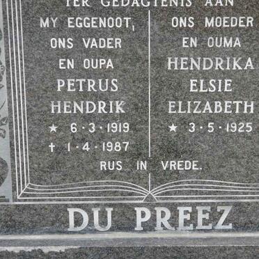 PREEZ Petrus Hendrik, du 1919-1987 &amp; Hendrika Elsie Elizabeth 1925-