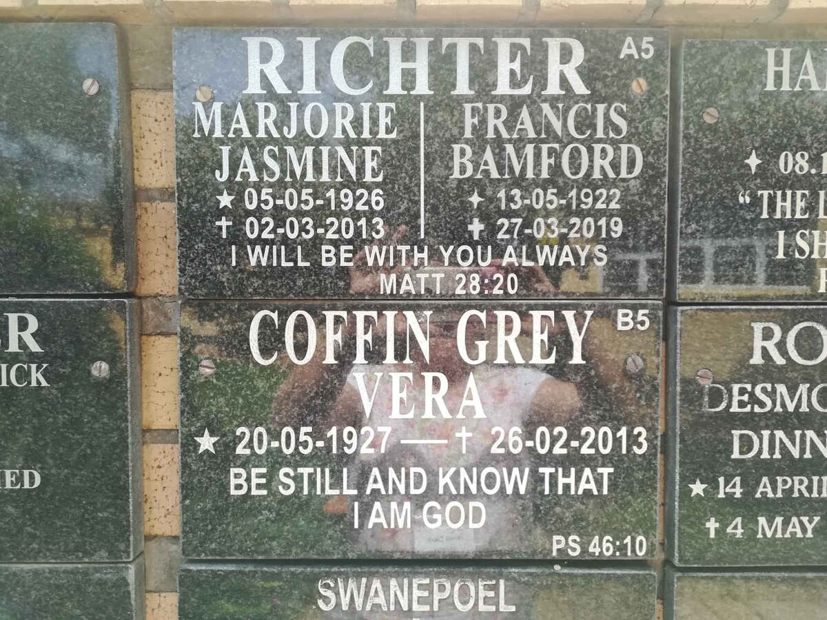 RICHTER Francis Bamford 1922-2019 &amp; Marjorie Jasmine 1926-2013 :: COFFIN GREY Vera 1927-2013