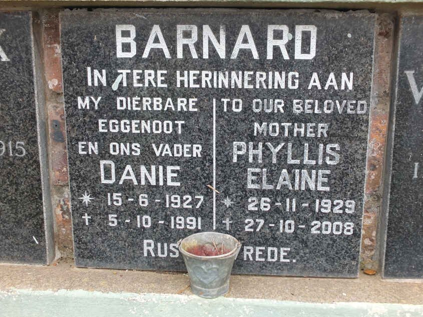 BARNARD Danie 1927-1991 &amp; Phyllis Elaine 1929-2008