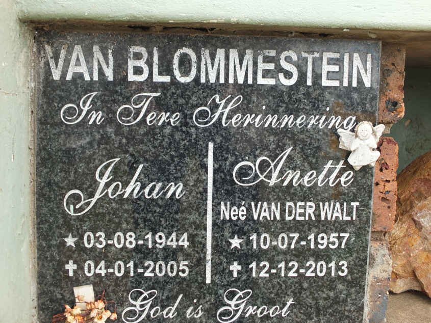 BLOMMESTEIN Johan, van 1944-2005 &amp; Anette VAN DER WALT 1957-2013