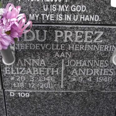 PREEZ Johannes Andries, du 1940- &amp; Anna Elizabeth 1946-2011