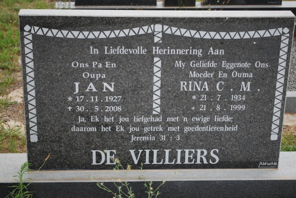 VILLIERS Jan, de 1927-2000 &amp; Rina C M. 1934-1999