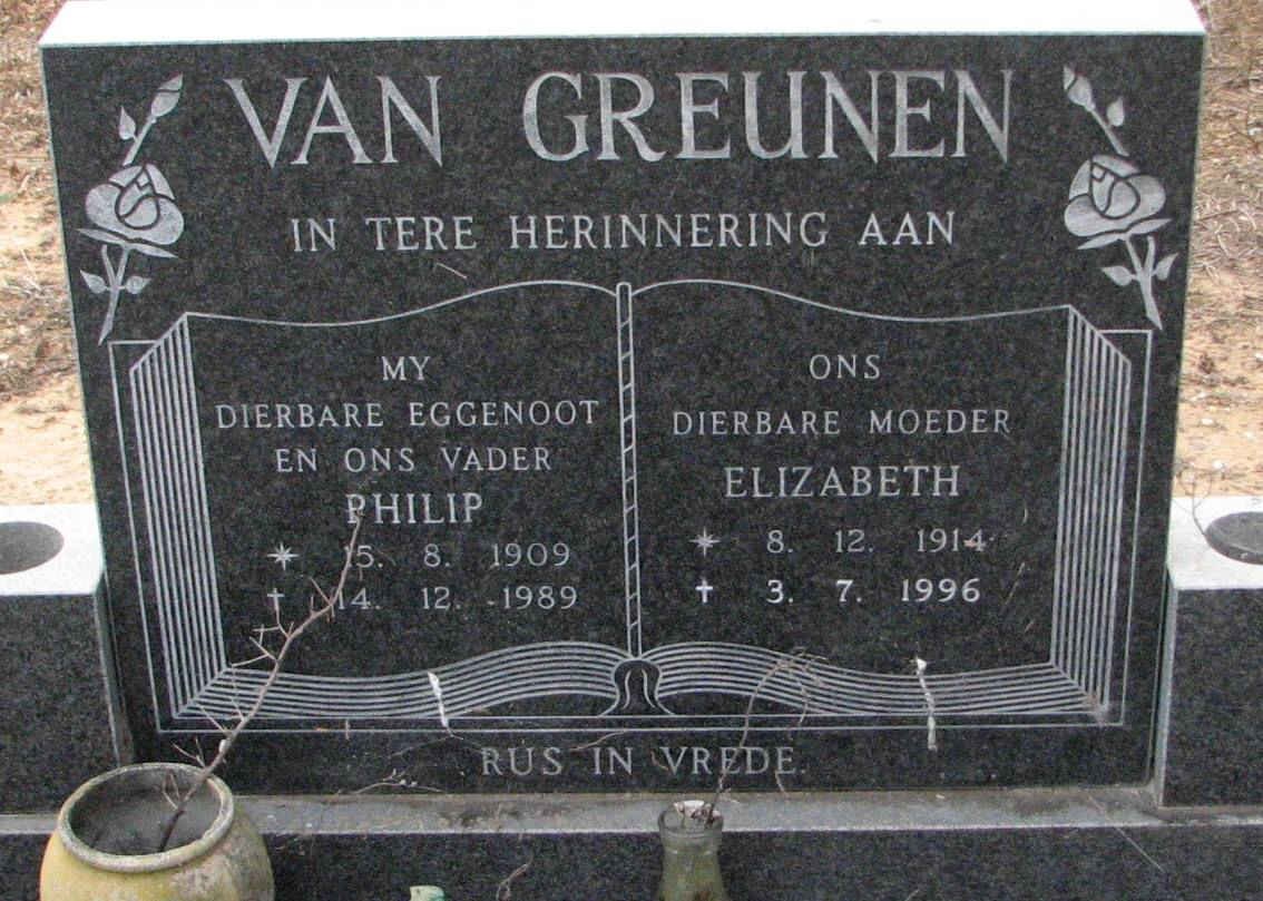 GREUNEN Philip, van 1909-1959 &amp; Elizabeth 1914-1996