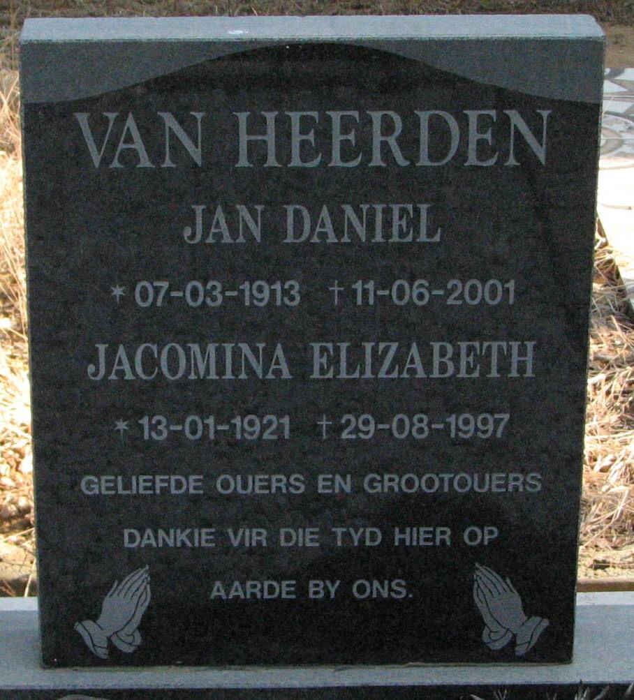 HEERDEN Jan Daniel, van 1913-2001 &amp; Jacomina Elizabeth 1921-1997