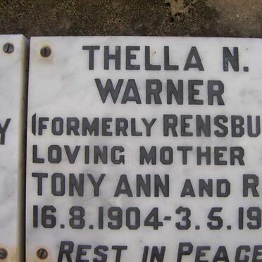 WARNER Thella N. formerly RENSBURG 1904-1979