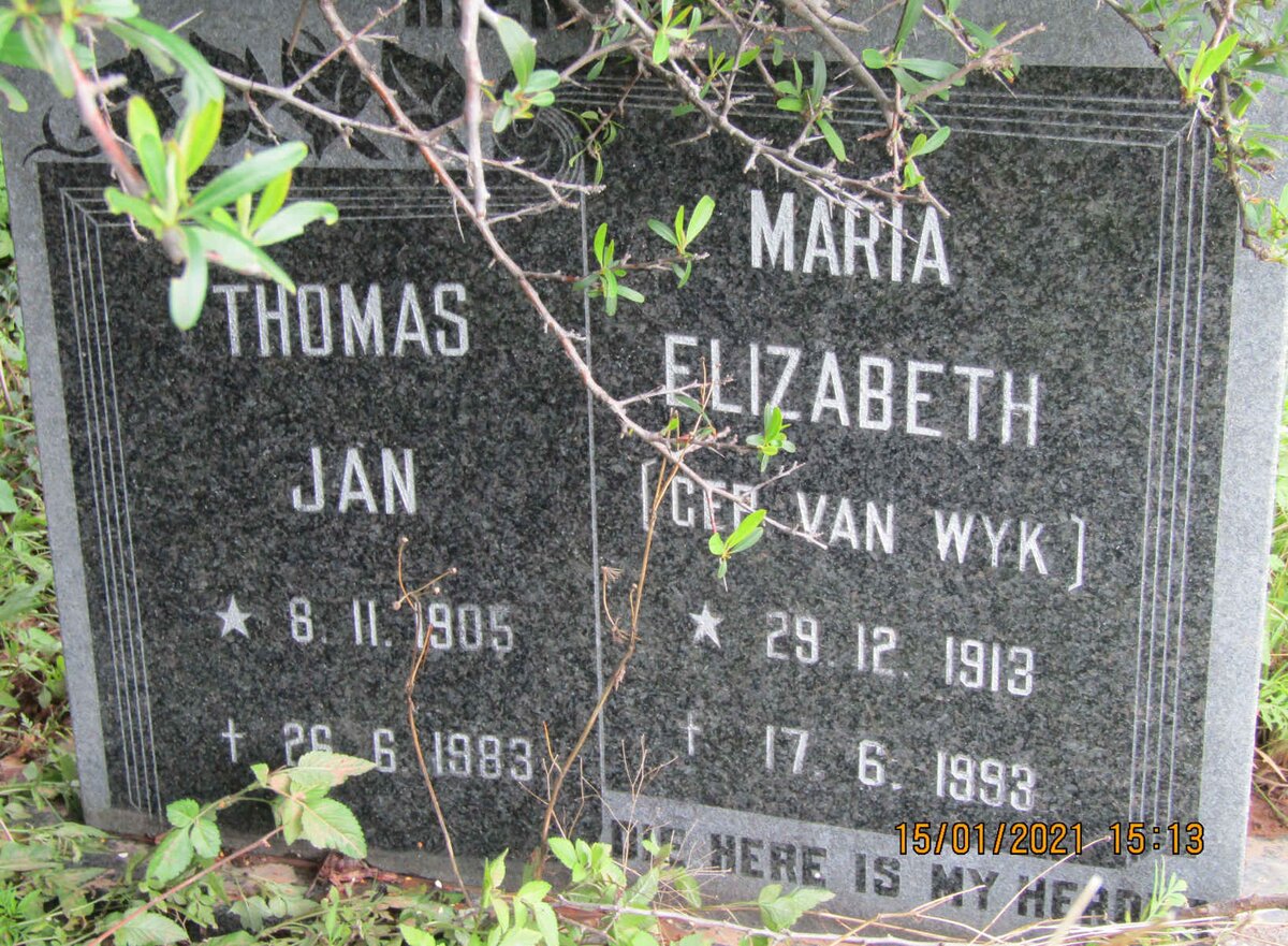 DRY Thomas Jan 1905-1983 &amp; Maria Elizabeth VAN WYK 1913-1993