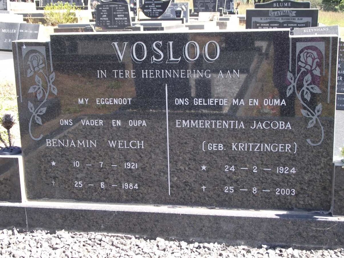 VOSLOO Benjamin Welch 1921-1984 &amp; Emmerentia Jacoba KRITZINGER 1924-2003