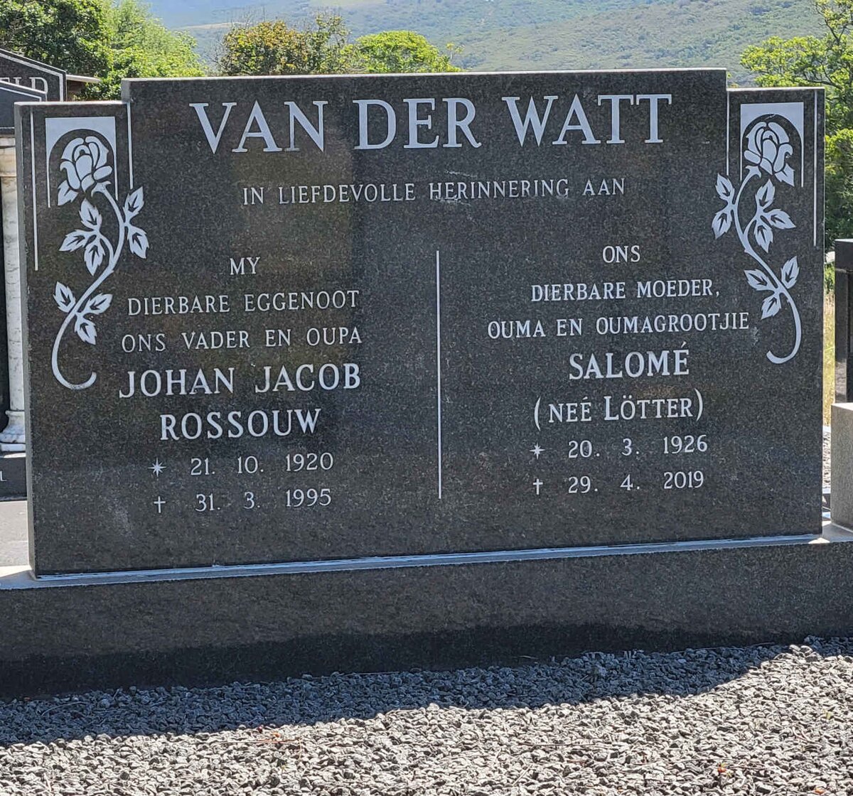 WATT Johan Jacob Rossouw, van der 1920-1995 &amp; Salome LOTTER 1926-2019