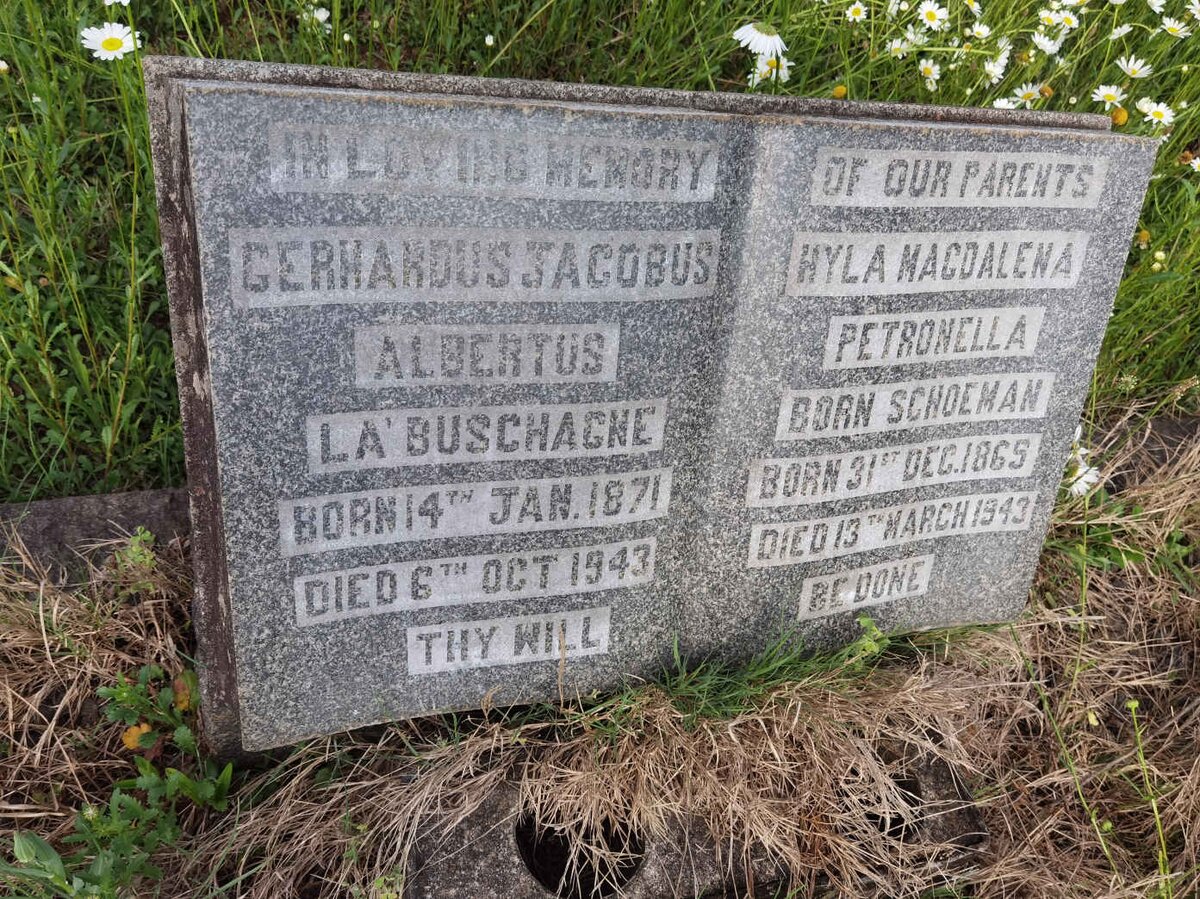 LABUSCHAGNE Gerhardus Jacobus Albertus 1871-1943 &amp; Hyla Magdalena Petronella SCHOEMAN 1865-1943