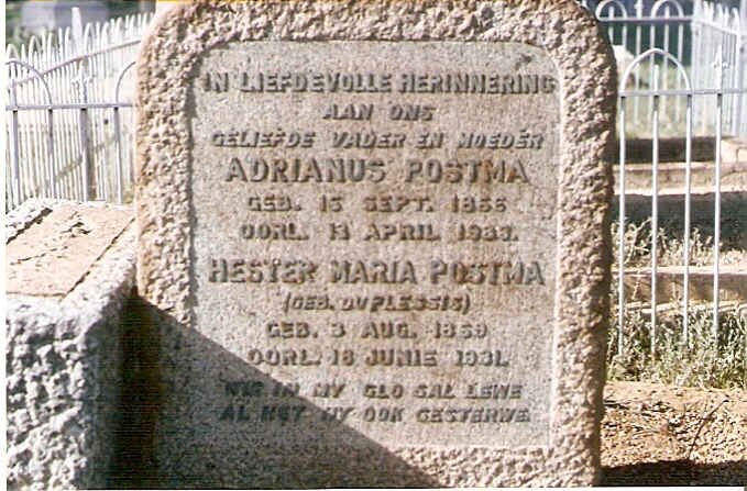 POSTMA Adrianus 1855-1933 &amp; Hester Maria DU PLESSIS 1859-1931