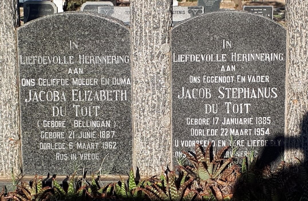 TOIT Jacob Stephanus, du 1885-1954 &amp; Jacoba Elizabeth BELLINGAN 1887-1962