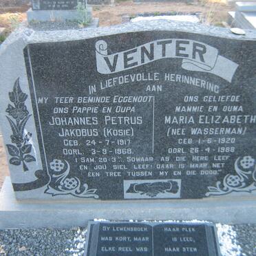 VENTER Johannes Petrus Jakobus 1917-1968 &amp; Maria Elizabeth WASSERMAN 1920-1988