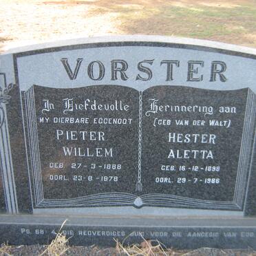 VORSTER Pieter Willem 1888-1978 &amp; Hester Aletta VAN DER WALT 1899-1986