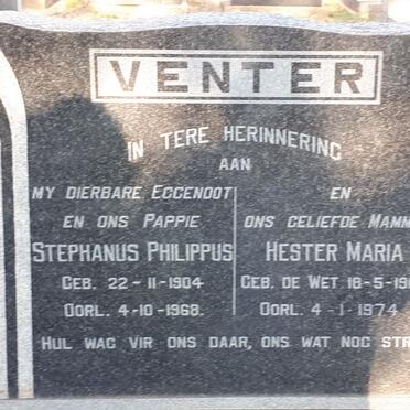 VENTER Stephanus Philippus 1904-1968 &amp; Hester Maria DE WET 1906-1974