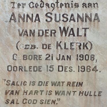 WALT Anna Susanna, van der nee DE KLERK 1906-1964
