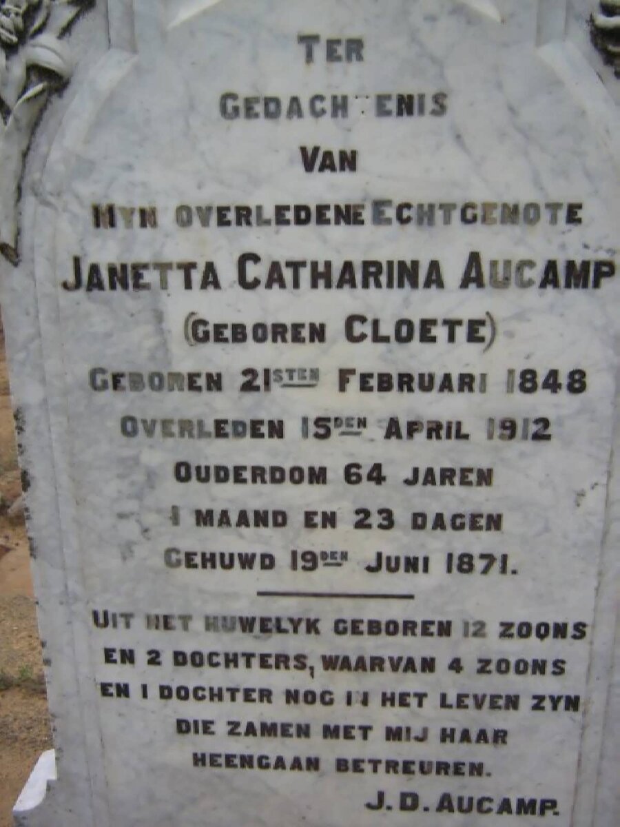 AUCAMP Janetta Catharina nee CLOETE 1848-1912