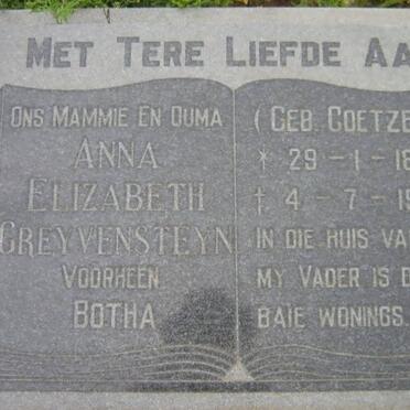 GREYVENSTEYN Anna Elizabeth voorheen BOTHA nee COETZEE 1899-1977