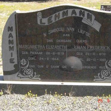 LEHMANN Johan Frederick 1878-1969 &amp; Margaretha Elizabeth PIENAAR 1879-1944
