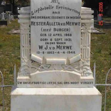 MERWE W.J., v.d. 1863-1946 &amp; Hester Alleta BURGER 1868-1931