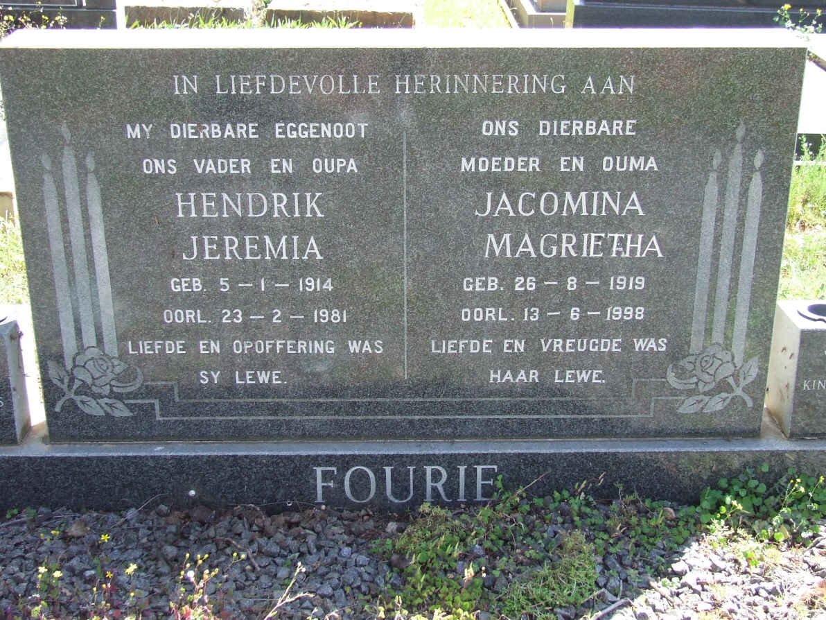 FOURIE Hendrik Jeremia 1914-1981 &amp; Jacomina Magrietha 1919-1998