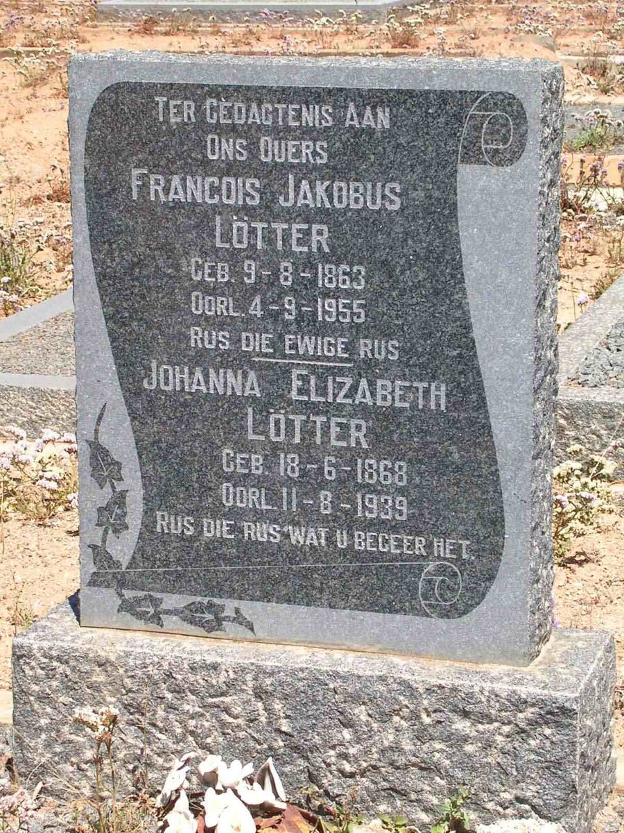 LÖTTER Francois Jakobus 1863-1955 &amp; Johanna Elizabeth 1868-1939