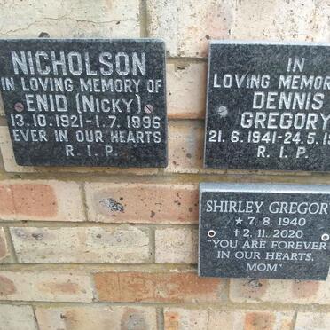 NICHOLSON Enid 1921-1996 :: GREGORY Dennis 1941-1994 &amp; Shirley 1940-2020