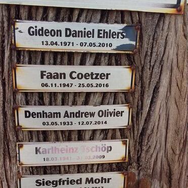 EHLERS Gideon Daniel 1971-2010 :: COETZER Faan 1947-2016 :: OLIVIER Denham Andrew 1933-2014 :: TSCHÖP Karlheinz 1941-2009